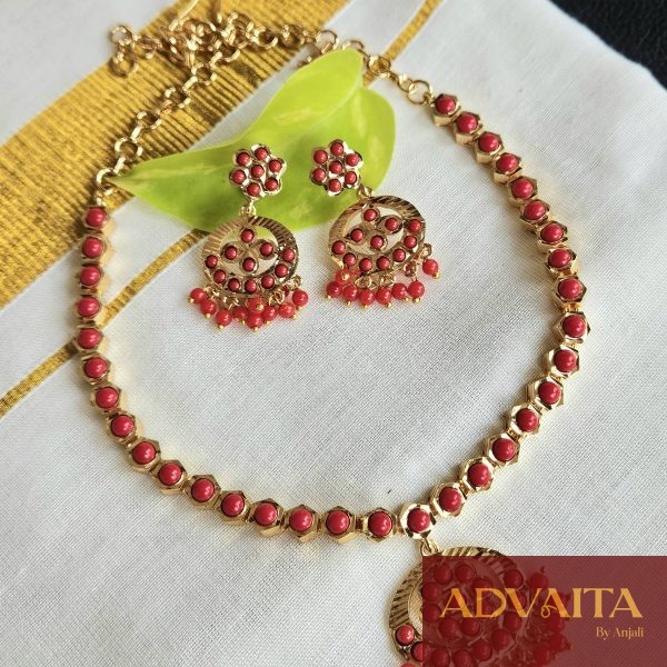 Goldlookalike Coral Attigai Necklace