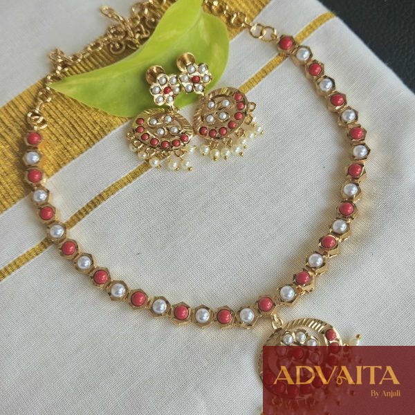 Goldlookalike Pearl Coral Mix Attigai Necklace Set