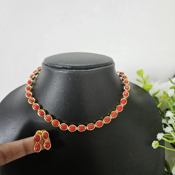 Single Line Coral Red Stone Necklace Set