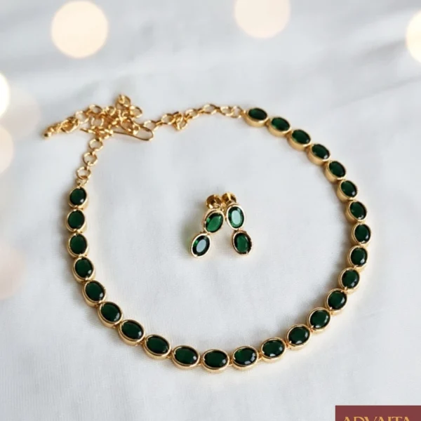 Single Line Goldlookalike Green Stone Necklace Set