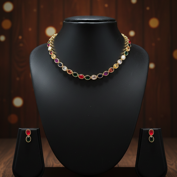 Premium Goldlookalike Navaratna Stone Lookalike Necklace Set