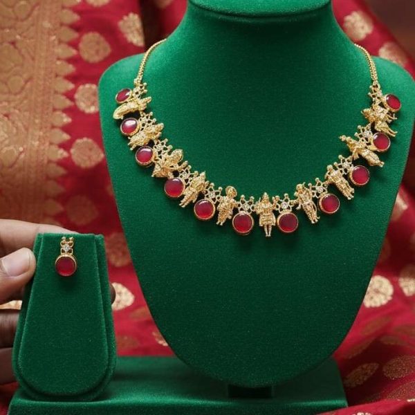 Premium Red Stone Dasavatharam Necklace Set