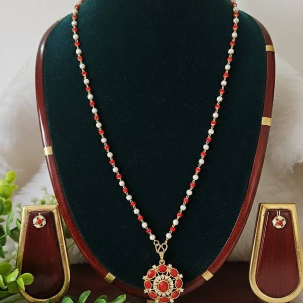 Pearl Coral Red Bead Mix Pendent Chain Set