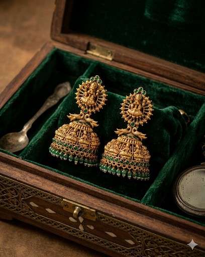 Bridal Temple Design Green Stone Goddess Lakshmi Jhumka