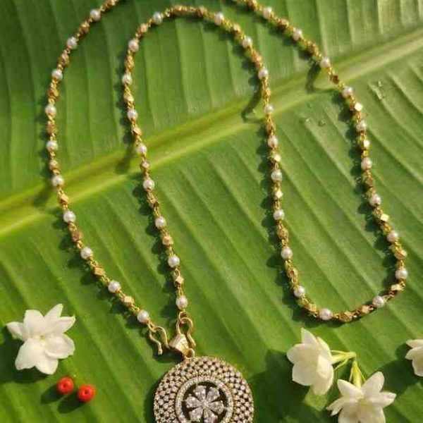 Long Pearl Chain With AD Stone Flower Pendent
