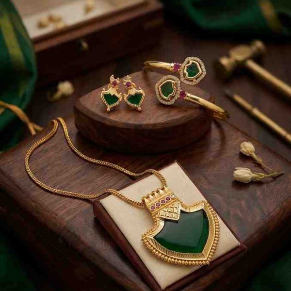 Premium Goldfinish Green Stone Palaka Pendent Chain Combo