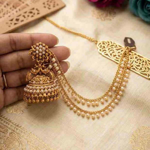 Pearl Peacock Jhumka With Pearl Earchain