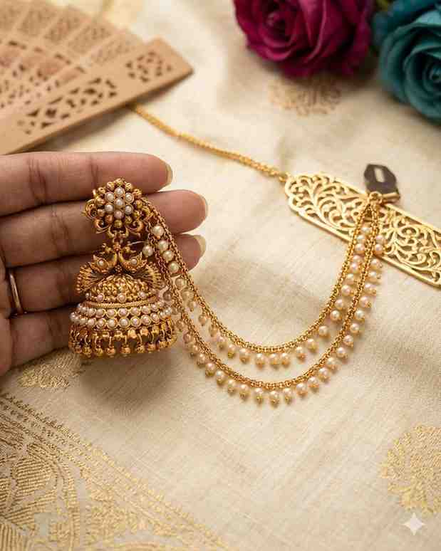 1778037935432 Pearl Peacock Jhumka With Pearl Earchain - Image 1