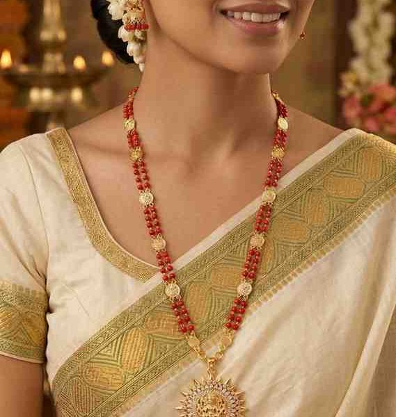 Coral Red Bead Panamala With Goddess Lakshmi Pendent
