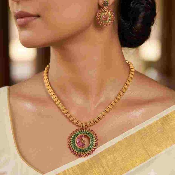 Premium Ruby Pink and Green Stone Peacock Pendent Chain Set