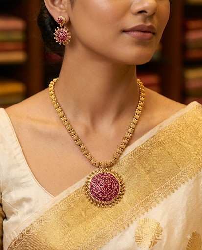 Premium Ruby Pink Stone Flower Pendent Chain Set