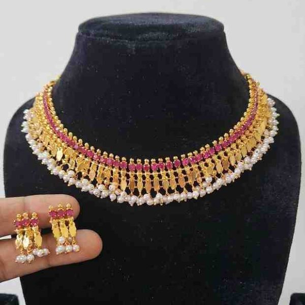 Goldlookalike Ruby Stone Elakkathali Necklace Set