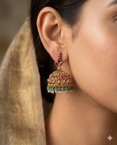 Ruby Green Stone Hook Jhumka With Green Hangings