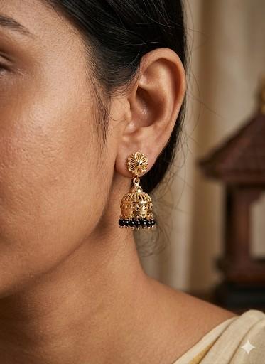 Goldlookalike Black bead hanging Jhumka