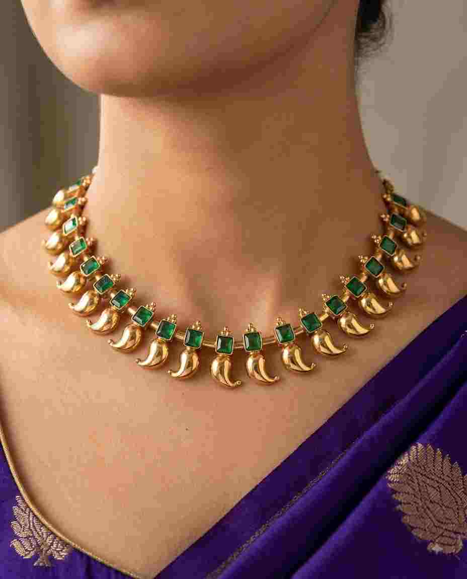 178672518272-24kb (1) Antique Finish Maangamala (Mango Necklace) With Green Stones - Image 1