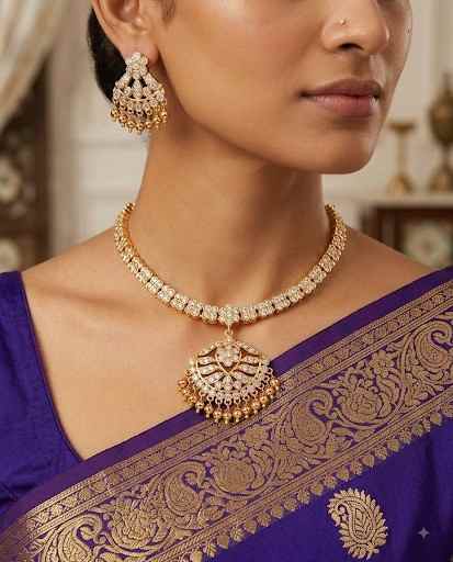 Traditional White  Stone Attigai Necklace Set