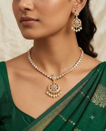 Mattfinish White Stone Attigai Necklace Set